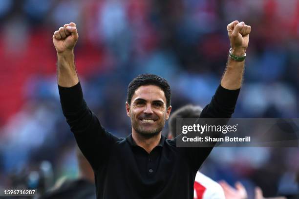 Mikel Arteta, Manager of Arsenal celebrates following the team's victory in the penalty shoot out during The FA Community Shield match between...