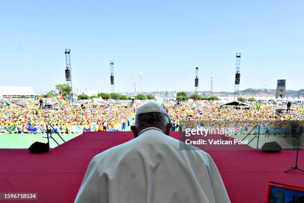 Pope Francis attends a meeting with volunteers of the 37th World Youth Day at Passeio marítímo de Algés on August 06, 2023 in Lisbon, Portugal. Pope...