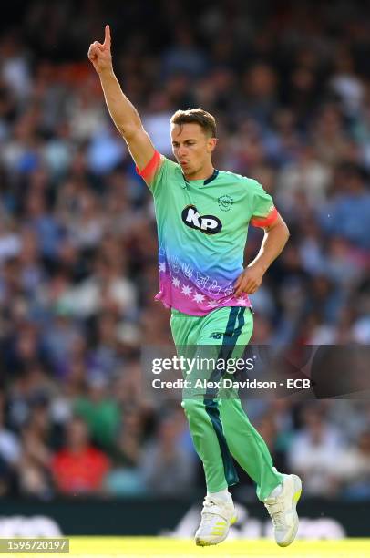 Tom Curran of Oval Invincibles celebrates the wicket of Stevie Eskinazi of Welsh Fire during The Hundred match between Oval Invincibles Men and Welsh...