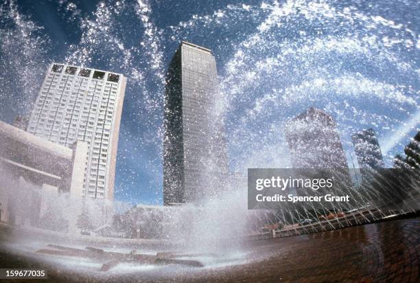 Prudential Tower and Sheraton Boston with fountain, Boston, Massachusetts, 1975.