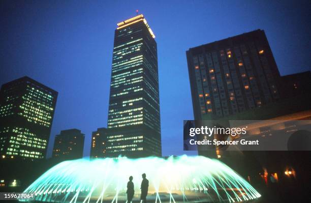 View of the Prudential Center fountain, Boston, Massachusetts, 1976.