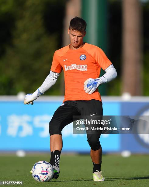 Filip Stankovic of FC Internazionale trains during a team training session at the club's training ground Suning Training Center at Appiano Gentile on...