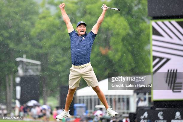 Bryson DeChambeau of the United States celebrates his birdie putt on the 18th hole with a record 58 to win the LIV Golf Invitational - Greenbrier at...