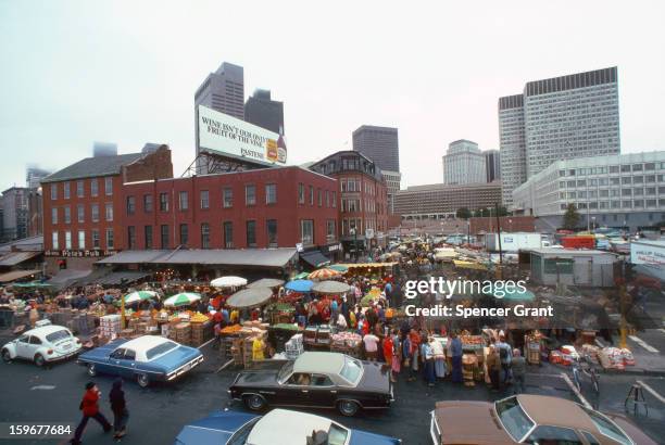 Saturday produce sellers, Haymarket Square, Boston, Massachusetts, 1975.