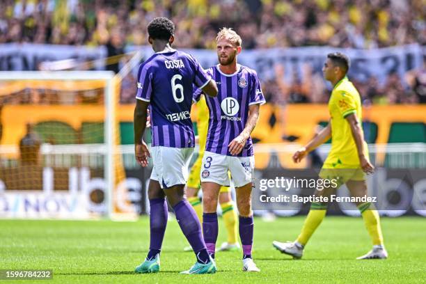 Logan COSTA of Toulouse and Mikkel DESLER of Toulouse during the French Ligue 1 Uber Eats soccer match between Nantes and Toulouse at Stade de la...