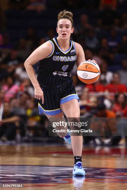 Marina Mabrey of the Chicago Sky handles the ball during the game on August 13, 2023 at Entertainment & Sports Arena in Washington, D.C.. NOTE TO...