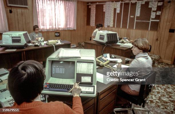 Digital Equipment Corporation decscope monitors at use in office, Boston, Massachusetts, 1981.