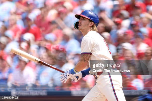 Bryson Stott of the Philadelphia Phillies looks on after hitting a three run home run during the first inning against the Kansas City Royals at...