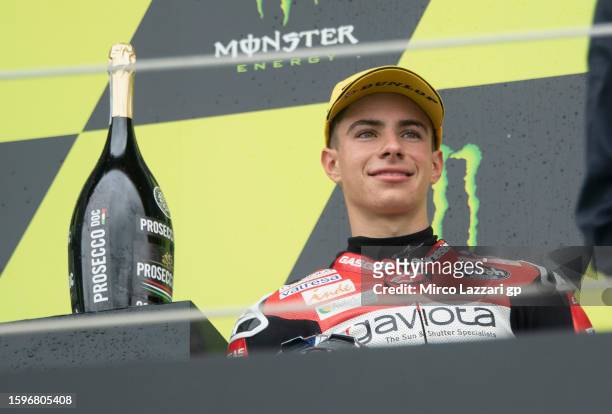 David Alonso of Colombia and GasGas Aspar Team celebrates the victory on the podium during the Moto3 race during the MotoGP of Great Britain - Race...