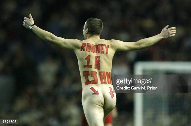 Liverpool fan and streaker pays tribute to Everton's Wayne Rooney during the FA Barclaycard Premiership match between Liverpool and West Ham United...