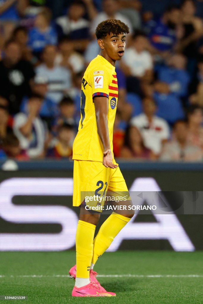 Barcelona's Spanish forward Lamine Yamal reacts during the Spanish