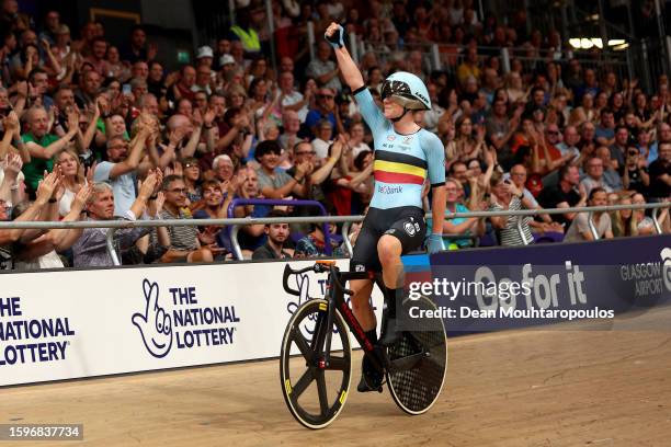 Lotte Kopecky of Belgium celebrates at finish line as winner during the women elite elimination race at the 96th UCI Glasgow 2023 Cycling World...