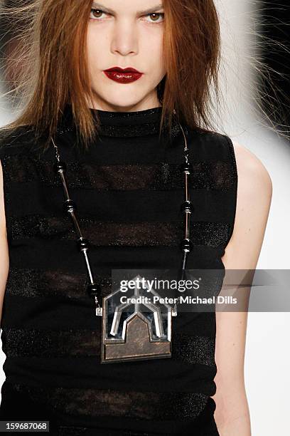 Model walks down the Runway at Irina Schrotter Autumn/Winter 2013/14 fashion show during Mercedes-Benz Fashion Week Berlin at Brandenburg Gate on...