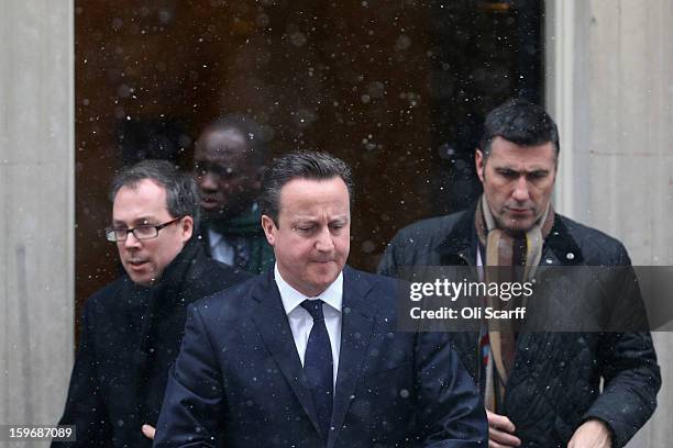 British Prime Minister David Cameron leaves Number 10 Downing Street to travel to the House of Commons to deliver a statement on the unfolding...