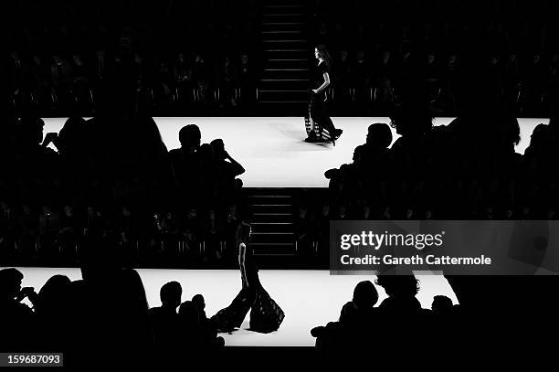 An alternative view of the runway during the Irina Schrotter Autumn/Winter 2013/14 fashion show at the Mercedes-Benz Fashion Week Berlin at the...