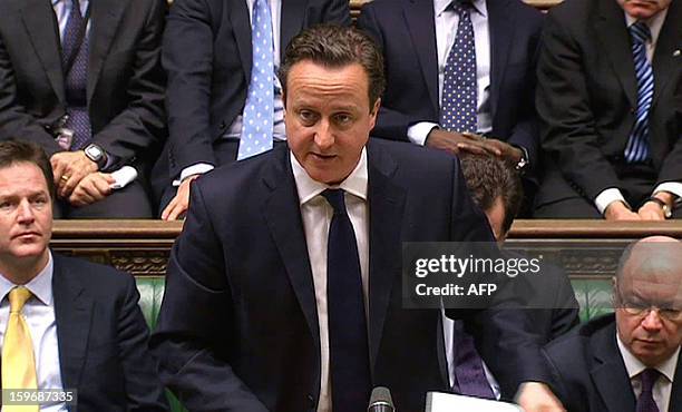 In an image grab from pooled video footage taken on January 18, 2013 shows British Prime Minister David Cameron giving the parliament in London an...