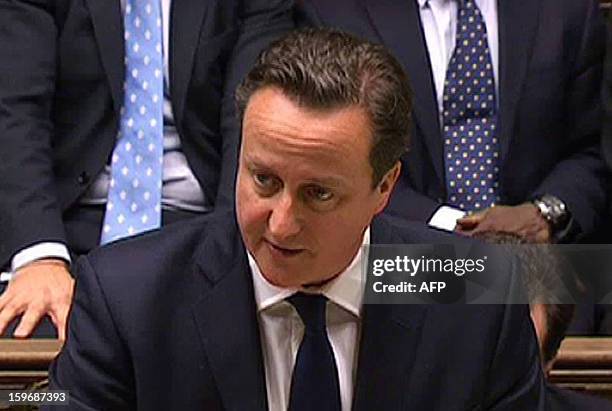 In an image grab from pooled video footage taken on January 18, 2013 shows British Prime Minister David Cameron giving the parliament in London an...