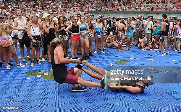 Festival-goers perform athletic routines for the audience at Big Day Out 2013 at Sydney Showground on January 18, 2013 in Sydney, Australia.