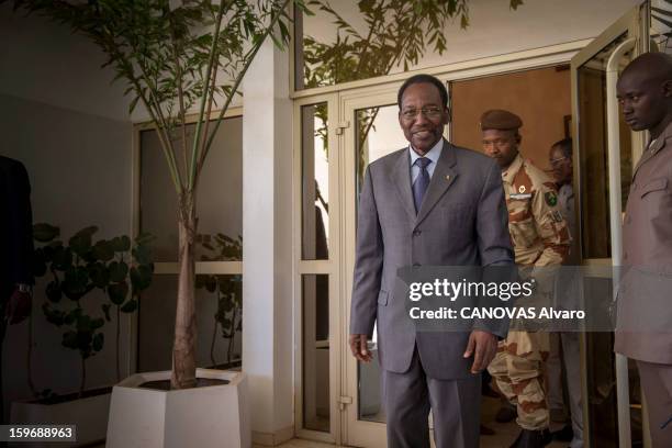 Intervention of the French army in Mali against Islamist, Dioncounda Traore acting President of Mali after a meeting in Bamako on January 14, 2013.