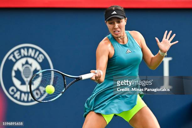 Jessica Pegula of the United States hits a return against Liudmila Samsonova in the final round on Day 7 during the National Bank Open at Stade IGA...