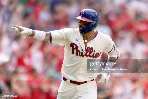 Nick Castellanos of the Philadelphia Phillies reacts after hitting a two run home run during the fifth inning against the Kansas City Royals at...