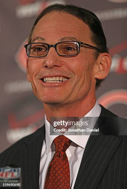 Marc Trestman is introducted as the new head coach of the Chicago Bears at Halas Hall on January 17, 2013 in Lake Forest, Illinois.