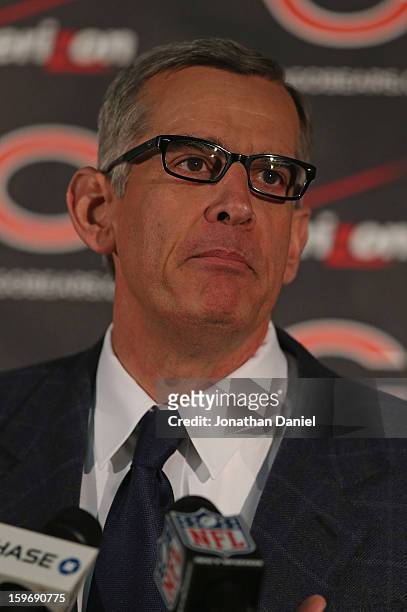 General manager Phil Emery of the Chicago Bears explains his choice of Marc Trestman to be the new head coach of the Bears at Halas Hall on January...