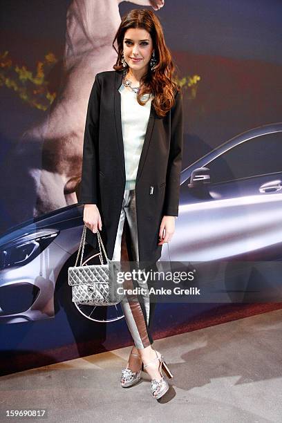 Model Marie Nasemann wearing Tibi jacket, Moschino shoes, Chanel bag, Konplott jewelery attends Mercedes-Benz Fashion Week Autumn/Winter 2013/14 at...