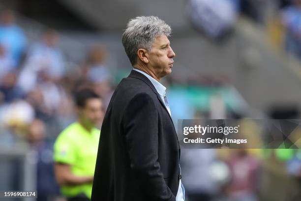 Renato Portaluppi coach of Gremio gestures during a match between Gremio and Fluminense as part of Brasileirao 2023 at Arena do Gremio on August 13,...