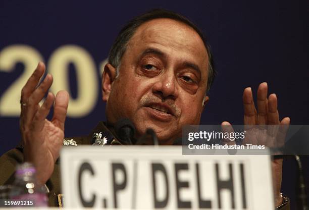 Delhi Police commissioner Neeraj Kumar address the Media person during the Delhi Police Annual Press conference on January 18, 2013 in New Delhi,...