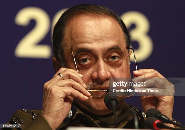 Delhi Police commissioner Neeraj Kumar address the Media person during the Delhi Police Annual Press conference on January 18, 2013 in New Delhi,...