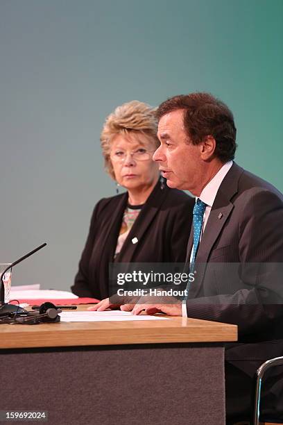 In this handout image provided by Justin MacInnes, Minister for Justice, Equality and Defence, Alan Shatter and Viviane Reding, Vice President of the...