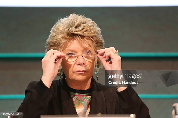 In this handout image provided by Justin MacInnes, Viviane Reding, Vice President of the European Commission speaks at the press conference of the...