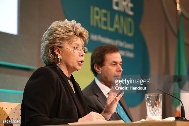 In this handout image provided by Justin MacInnes, Minister for Justice, Equality and Defence, Alan Shatter and Viviane Reding, Vice President of the...