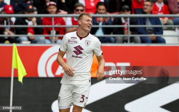 Perr Schuurs of Torino celebrates his goal during the friendly match between Stade de Reims and Torino FC at Stade Auguste Delaune on August 6, 2023...