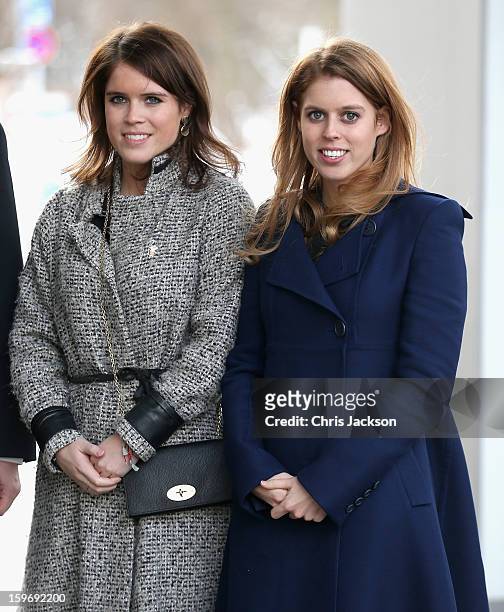 Princess Beatrice and Princess Eugenie arrive to call on Minister David McAllister of Lower Saxony on January 18, 2013 in Hanover, Germany. The royal...
