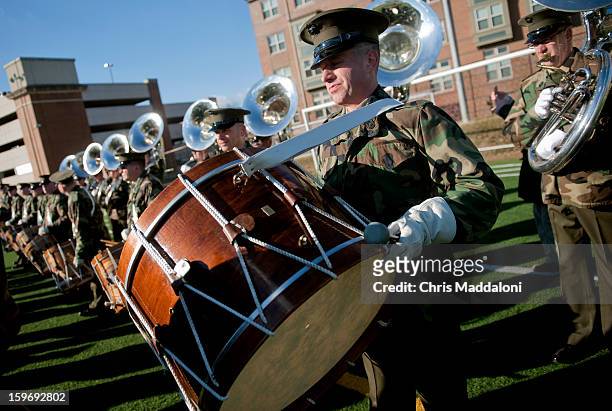 Master Sgt. David Murray prepares his bass drum as "The President’s Own” United States Marine Band rehearse for the 2013 inaugural swearing-in...