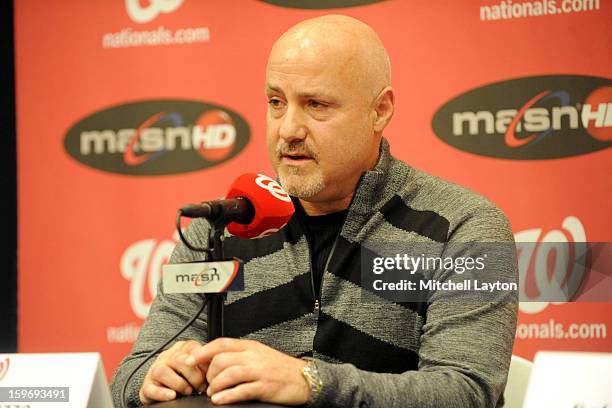 Executive Vice President of baseball operations Mike Rizzo address the media during Rafael Soriano introduction press conference on January 17, 2013...