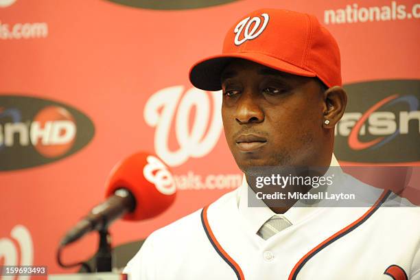 Rafael Soriano of the Washington Nationals looks on during his introduction press conference on January 17, 2013 at Nationals Park in Washington, DC.