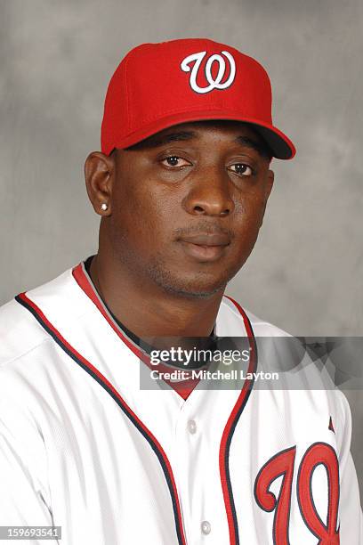 Rafael Soriano of the Washington Nationals poses for a head shot during his introduction press conference on January 17, 2013 at Nationals Park in...