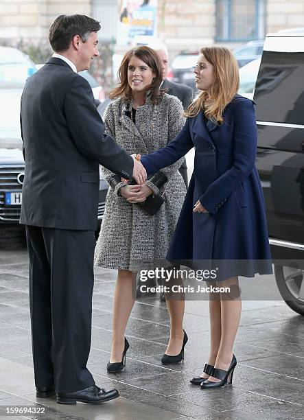 Princess Beatrice and Princess Eugenie greet David McAllister as they arrive to call on Minister David McAllister of Lower Saxony on January 18, 2013...