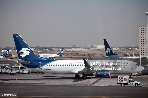 View of AeroMexico planes on the tarmac at the Benito Juarez International Airport in Mexico City, Mexico on January 18, 2013. The mexican airline...