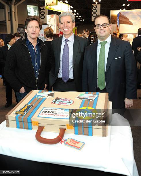 Andrew McCarthy, Tony Gonchar and Seth Rogin attend The 10th Annual New York Times Travel Show Ribbon Cutting And Preview at Javits Center on January...