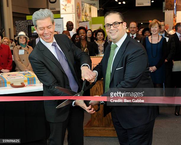 Tony Gonchar and Seth Rogin attend The 10th Annual New York Times Travel Show Ribbon Cutting And Preview at Javits Center on January 18, 2013 in New...