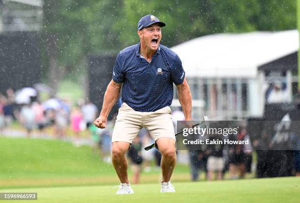 Bryson DeChambeau of the United States celebrates his birdie putt on the 18th hole with a record 58 to win the LIV Golf Invitational - Greenbrier at...