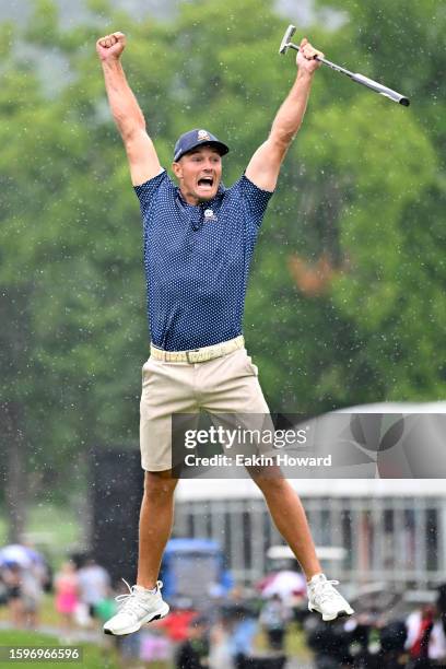 Bryson DeChambeau of the United States celebrates his birdie putt on the 18th hole with a record 58 to win the LIV Golf Invitational - Greenbrier at...