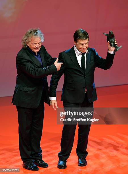 Rolf Kuehn celebrates with his award and his brother Joachim Kuehn at the B.Z. Kulturpreis on January 18, 2013 in Berlin, Germany.