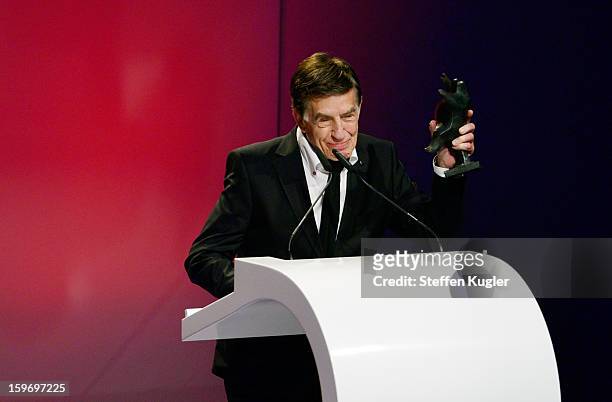 Jazz musician Rolf Kuehn makes a speech after receiving his award at the B.Z. Kulturpreis on January 18, 2013 in Berlin, Germany.