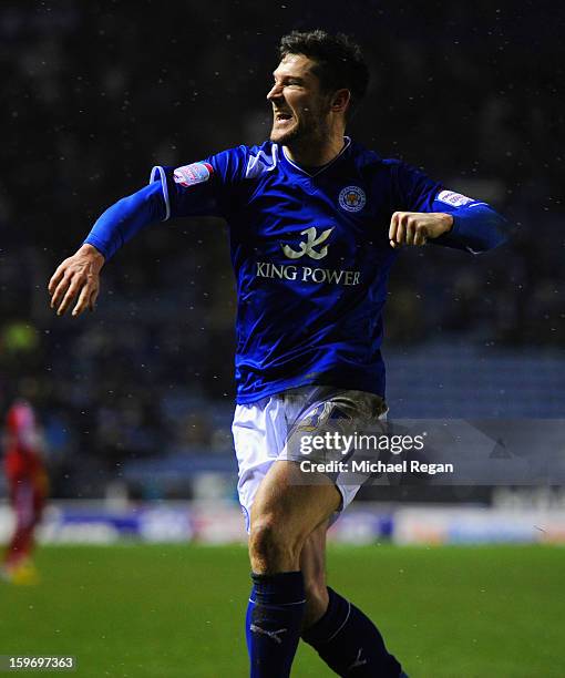 David Nugent of Leicester celebrates scoring to make it 1-0 during the Npower Championship between Leicester City and Middlesbrough at The King Power...