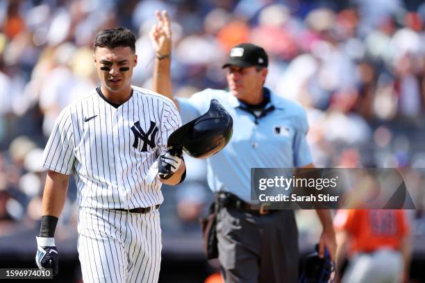 Anthony Volpe of the New York Yankees reacts after a call made by home plate umpire umpire Angel Hernandez during the fifth inning against the...